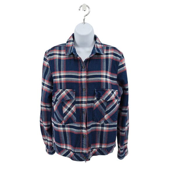 Zara Woman Blue Red Plaid Button Up Shacket Womens M Flannel Long Sleeve Cotton - Picture 1 of 5